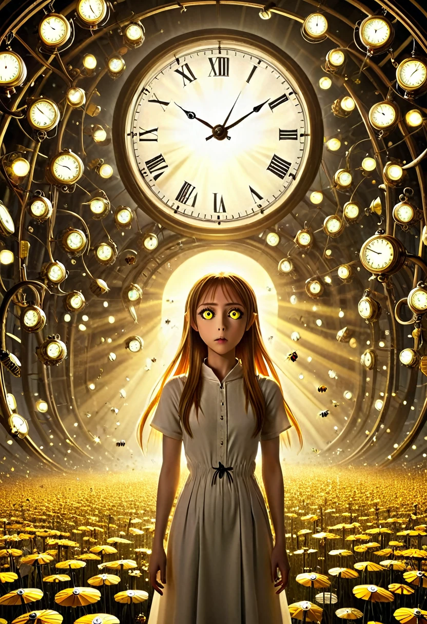 asuna, With her enormous yellow eyes she looks directly at the viewer with an expression of astonishment as she sees herself surrounded by hundreds of clocks that have an impossible geometry.... All with the style of Tim Burton, in some kind of surreal dream and with bees with bodies made of light bulbs flying through the air.