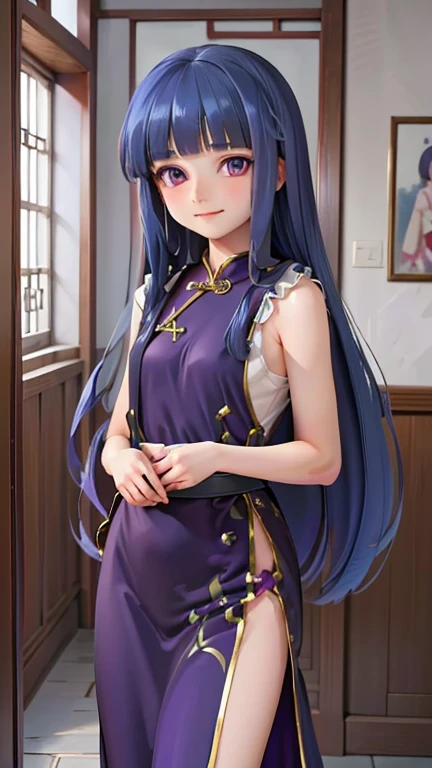 (high quality, High resolution:1.2), (Realistic:1.4), (1 Girl:1), Traditional Chinese Dresses,  (Charming monkey:1), Refer your audience, Lesbians all over, palace, corridor,  Blunt bangs, Small breasts, (Full Out Rika, Blue Hair, Purple eyes, ), 