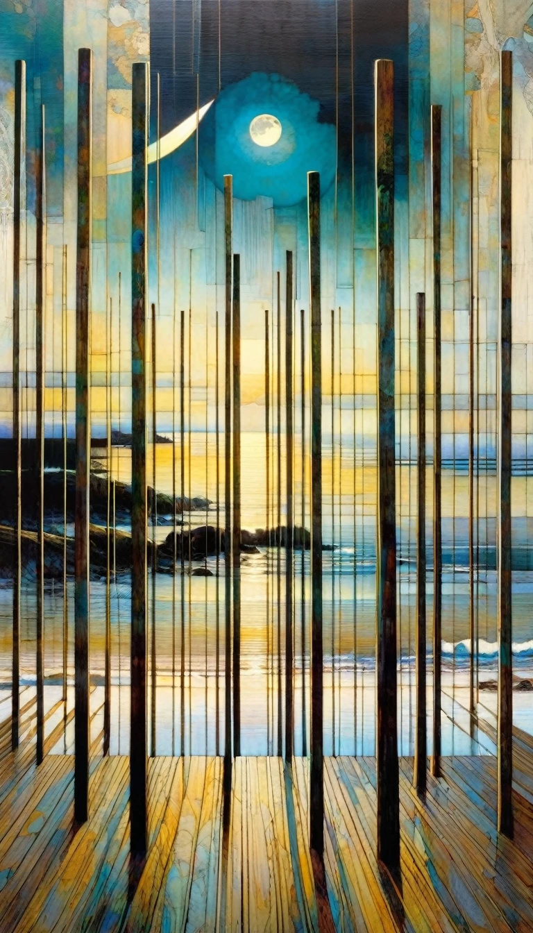 We see through eight wooden posts that cross the image laterally, a beautiful landscape with sea and moon (art inspired by Bill Sienkiewicz, intricate details, oil painting)
