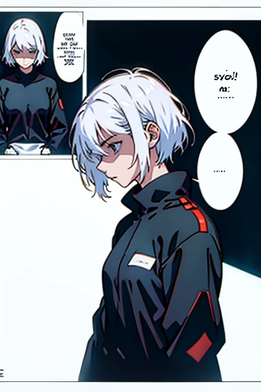 Girl with short white hair small and really skinny, feeling extremely sick, detailed illness, manga page with panels and dialogue    