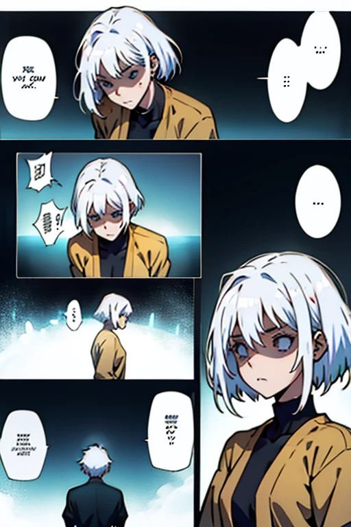 Girl with short white hair small and really skinny, feeling extremely sick, detailed illness, manga page with panels and dialogue    