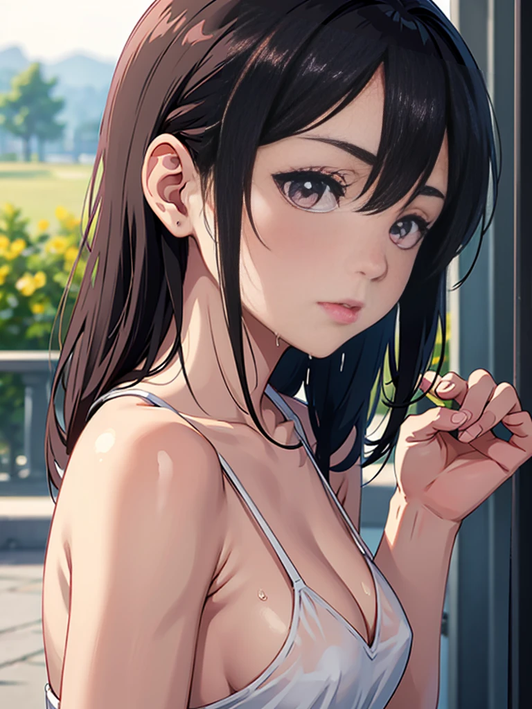 (from side), sideboob,  (wet), (expressionless), looking_at_viewer,  fashion trendy beautiful beautiful beautiful girl, gentle and attractive Chinese beautiful girl, delicate and sexy collarbone, Attractive oval face, double eyelids, smart peach blossom eyes, pink lips, small nose, bare shoulders, focus on the face, chest close-up, ultra high definition, super detail, fresh and impressive