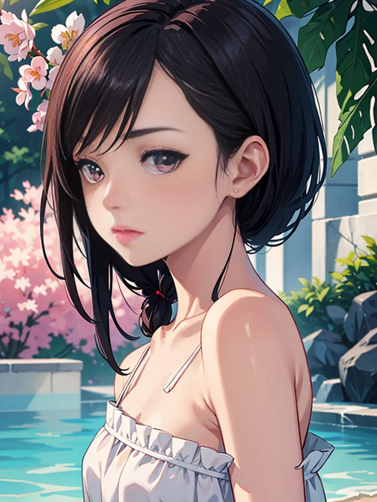 (from side), sideboob, (wet), (expressionless), looking_at_viewer, fashion trendy beautiful beautiful beautiful girl, gentle and attractive Chinese beautiful girl, delicate and sexy collarbone, Attractive oval face, double eyelids, smart peach blossom eyes, pink lips, small nose, bare shoulders, focus on the face, chest close-up, ultra high definition, super detail, fresh and impressive