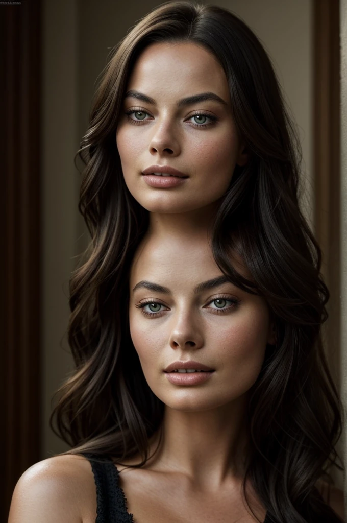 beautiful woman with long dark hair, similar to margot robbie, face in extremely detailed and high quality 4k, facing the camera, perfect lighting on her face, 4k, photorealistic, masterpiece, high quality, extremely detailed, cinematic lighting, dramatic pose, elegant, sensual, center the image, Visual effects, Sound effects, Incredibly detailed and complex, hyper maximalist, elegant, hyper realistic, super detailed, woman posing for a photo, portrait, classy and elegant photo