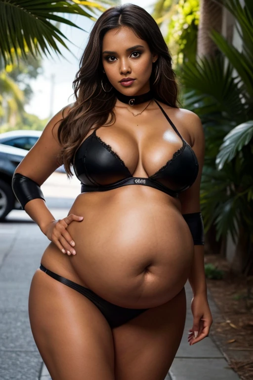 A hot Jessica Alba, dark tanned skin, brown hair, long hair style, voluptuous, plump, pregnant belly, wearing black bra and black thong, chubby, big bust, locks eyes into the camera, symmetrical eyes, symmetrical face, photorealistic, photography, path tracing, specular lighting, volumetric face light, path traced hair, visible shadows, intricate, elaborate, curvy body, plump body, huge big ass, thick body, curvy body type, voluptuous body type, busty body type, thick body type, big chest, big, piercing nose, black e girl emo makeup, drooling, black eyelinner, wet body, wearing choker collar, (choker collar:1.5, navel piercing