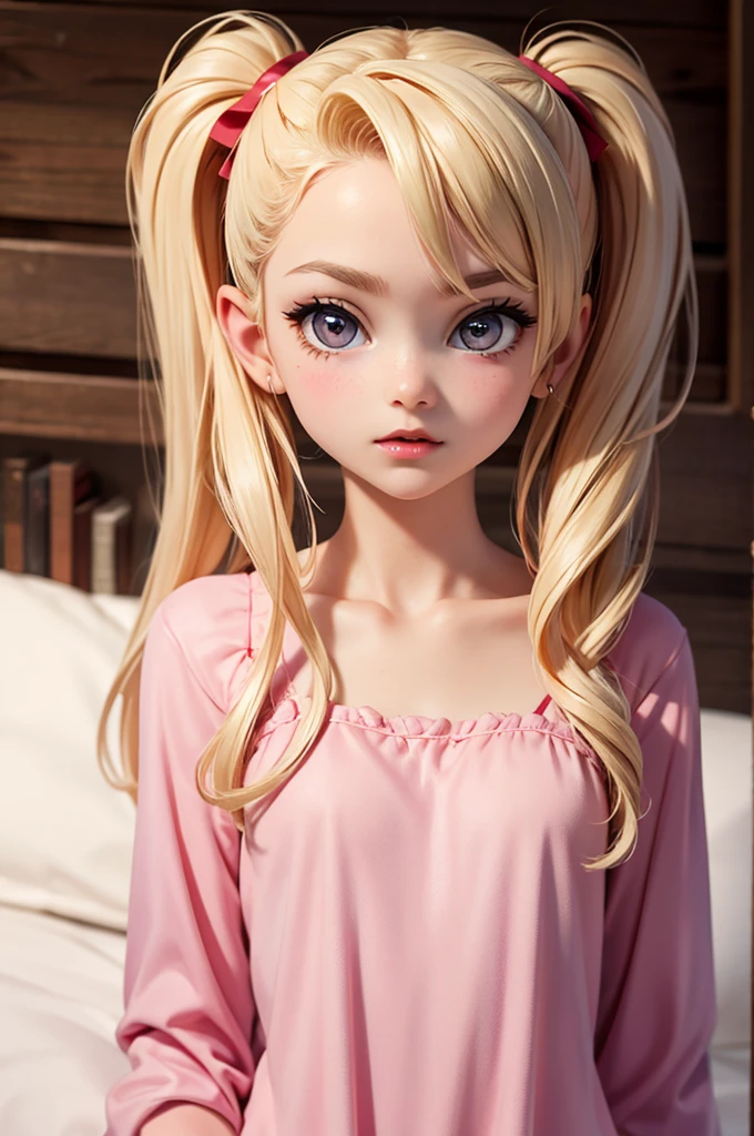 hyperrealistic 14 year old american teen, blonde, perfect tiny body, , dark makeup, perfect slim face, big red lips, very cute face, tiny body, big eyes, young looking, childish looking,  pink pijama, two ponytails
