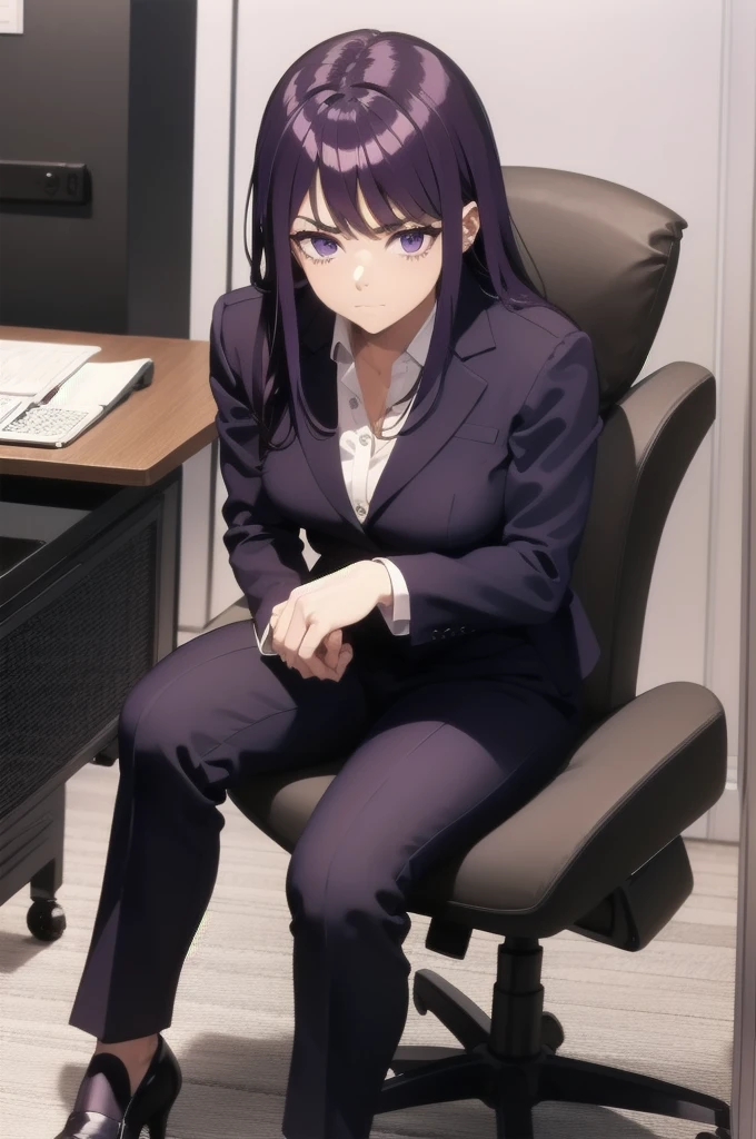 purple hair,,long hairpurple eyes,(((office suit,)))(disgust,looking disgusted, abhore),in the office,sitting on the office chair
