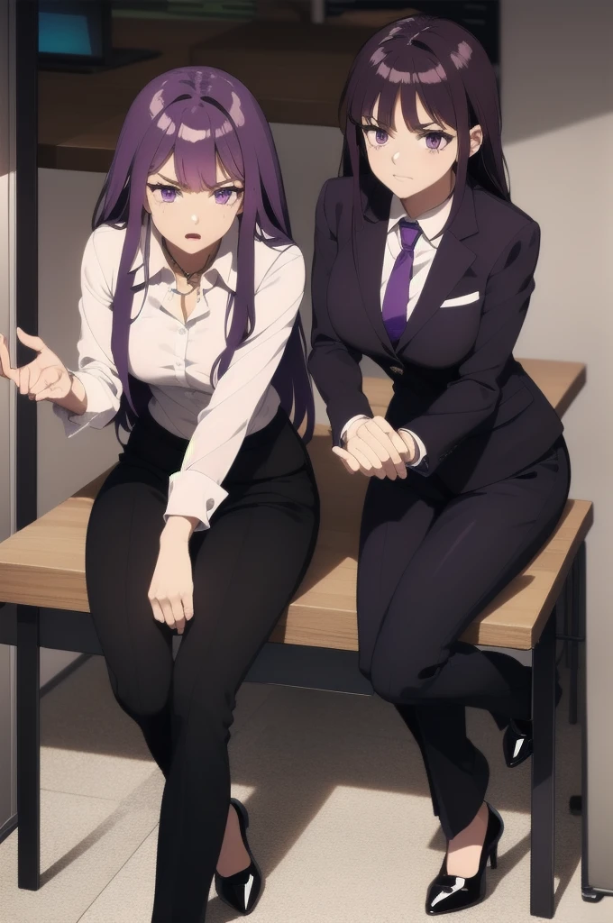 purple hair,,long hairpurple eyes,(((office suit,)))(disgust,looking disgusted, abhore),in the office,sitting on the office chair
