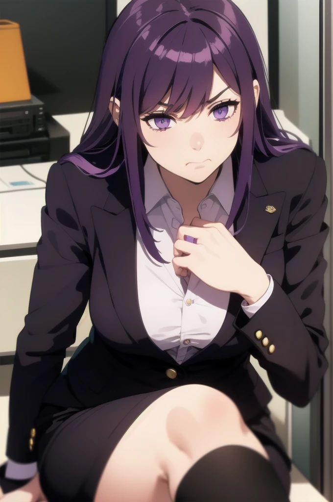 purple hair,,long hairpurple eyes,(((office suit,)))(disgust,looking disgusted, abhore),in the office,sitting on the office chair
