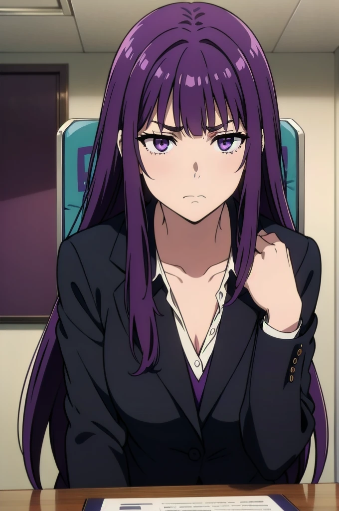 purple hair,,long hairpurple eyes,(((office suit,)))(disgust,looking disgusted, abhore),in the office,sitting on the office chair
