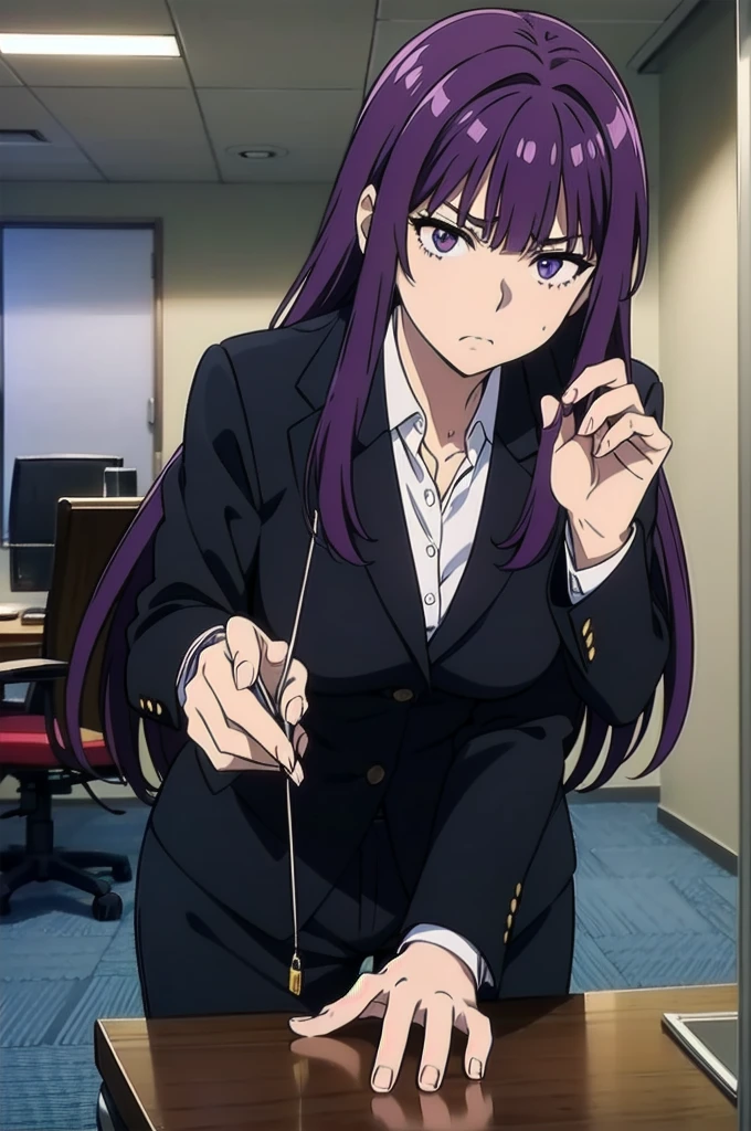 purple hair,,long hairpurple eyes,(((office suit,)))(disgust,looking disgusted, abhore),in the office,sitting on the office chair
