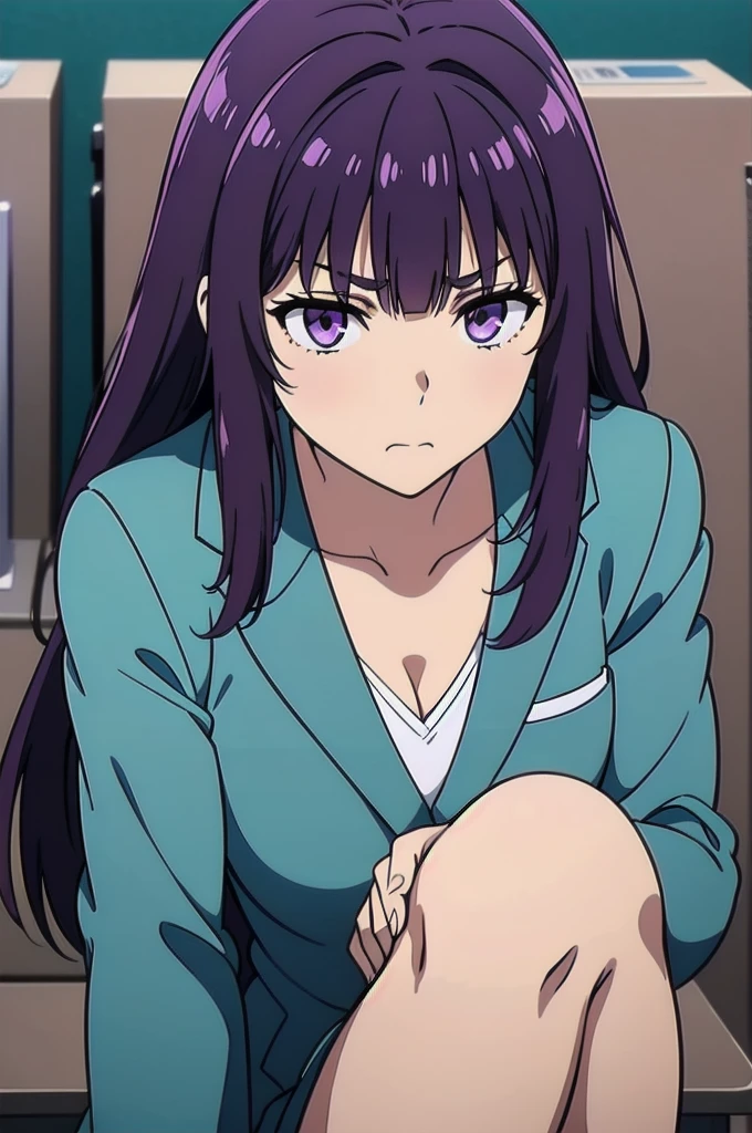 purple hair,,long hairpurple eyes,(((office suit,)))(disgust,looking disgusted, abhore),in the office,sitting on the office chair
