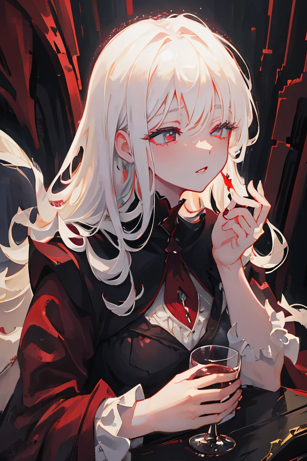 a woman with white skin, white curly hair, red eyes, closed eyes, drinking a glass of dark wine, defined lips, liquid spilling down her face, 1girl, beautiful detailed eyes, beautiful detailed lips, extremely detailed eyes and face, long eyelashes, elegant, graceful, oil painting, 8k, high quality, dramatic lighting, cinematic, dark moody atmosphere, deep crimson colors, dramatic shadows, gothic, fantasy