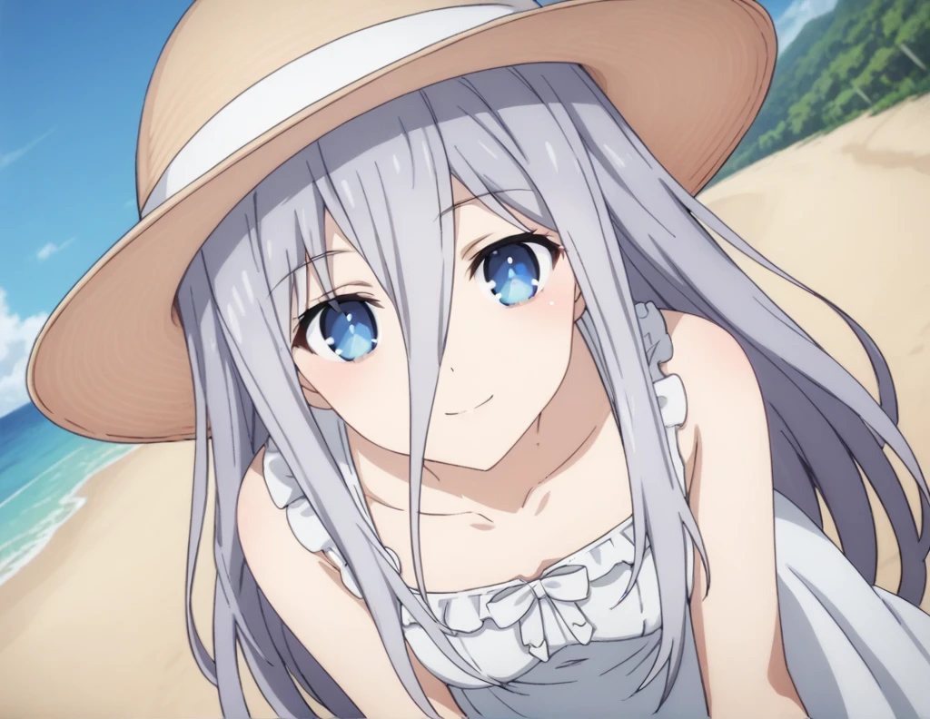 score_9, score_8_up, score_7_up, source_anime,
reinamurasame,  reina murasame, long hair, blue eyes, grey hair, hair between eyes,
hat, dress, bare shoulders, collarbone, sleeveless, white dress, sleeveless dress, sun hat, sundress,
outdoors, beach, bent over, smile,
looking at viewer, solo, cowboy shot, dutch angle,