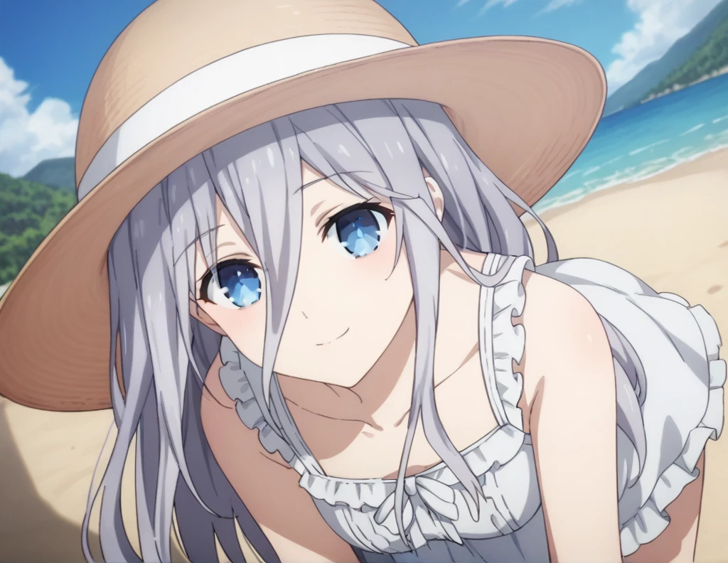 score_9, score_8_up, score_7_up, source_anime,
reinamurasame,  reina murasame, long hair, blue eyes, grey hair, hair between eyes,
hat, dress, bare shoulders, collarbone, sleeveless, white dress, sleeveless dress, sun hat, sundress,
outdoors, beach, bent over, smile,
looking at viewer, solo, cowboy shot, dutch angle,