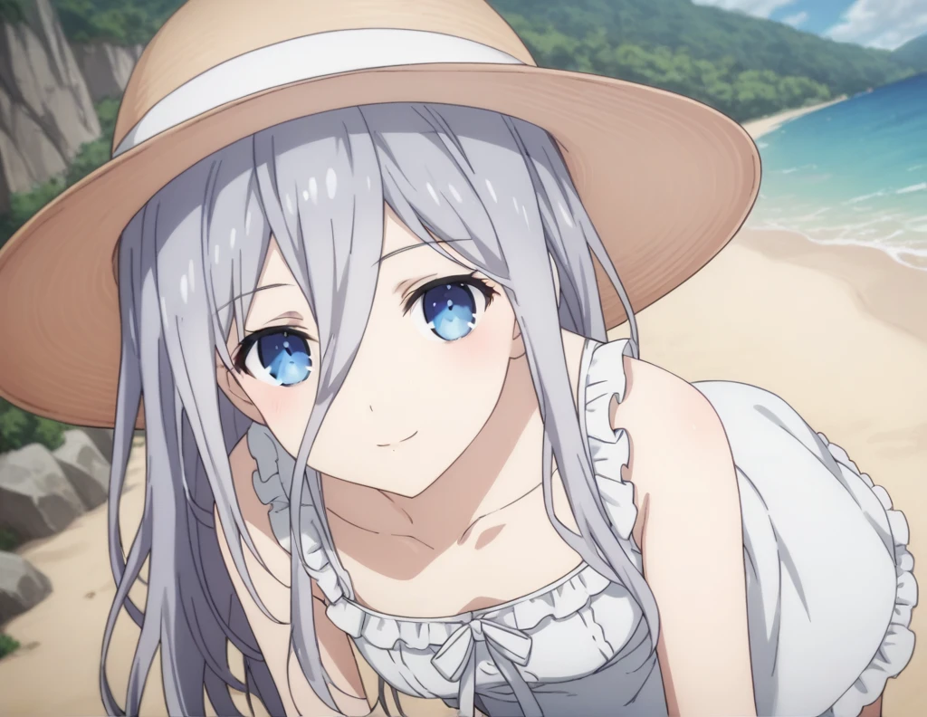 score_9, score_8_up, score_7_up, source_anime,
reinamurasame,  reina murasame, long hair, blue eyes, grey hair, hair between eyes,
hat, dress, bare shoulders, collarbone, sleeveless, white dress, sleeveless dress, sun hat, sundress,
outdoors, beach, bent over, smile,
looking at viewer, solo, cowboy shot, dutch angle,