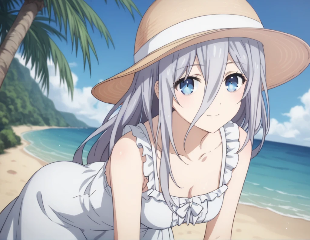 score_9, score_8_up, score_7_up, source_anime,
reinamurasame,  reina murasame, long hair, blue eyes, grey hair, hair between eyes,
hat, dress, bare shoulders, collarbone, sleeveless, white dress, sleeveless dress, sun hat, sundress,
outdoors, beach, bent over, smile,
looking at viewer, solo, cowboy shot, dutch angle,