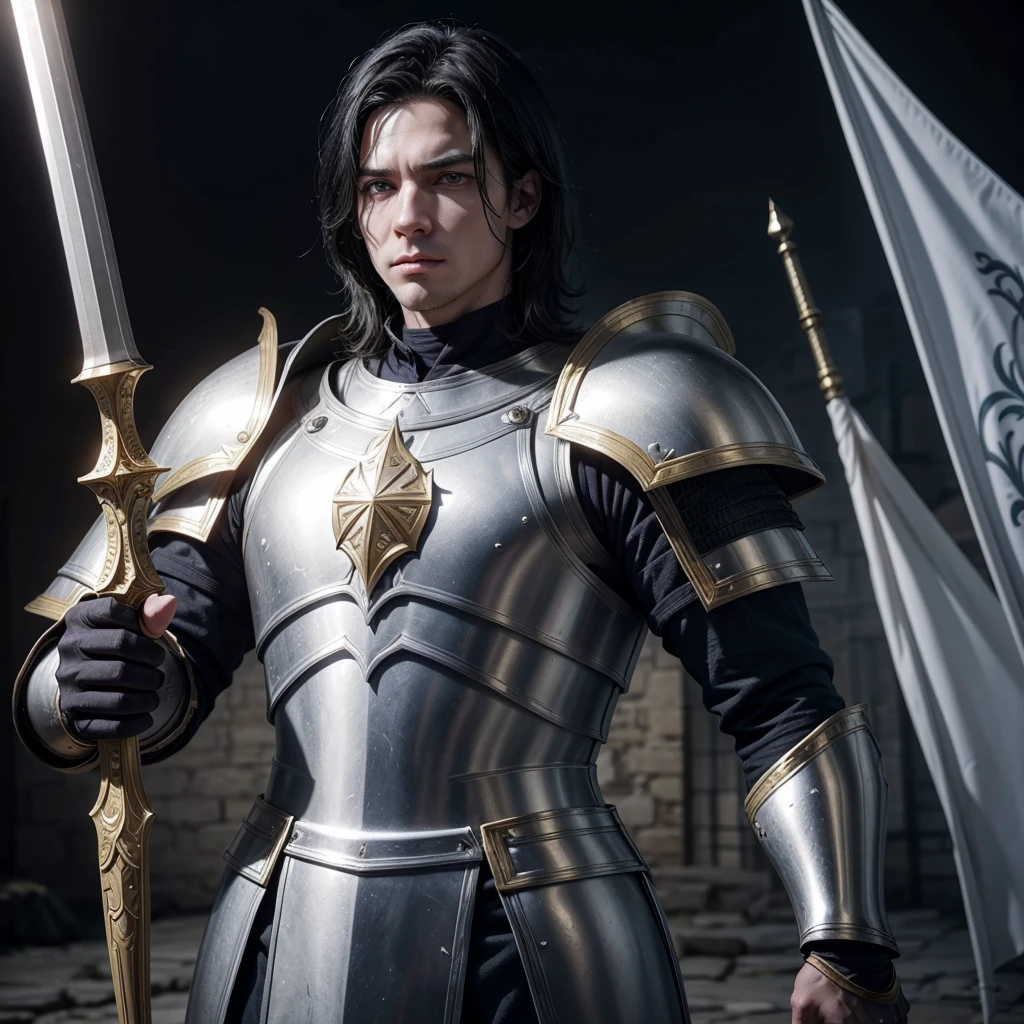 I want to create a paladin for my medieval RPG game, He has 1,84 m high, white skin but not too much, light blue eyes and pitch-black hair, his face is one of constant sadness and emptiness but at the same time gentle and kind, wears golden armor, a long sword and a shield.
He&#39;s holding his sword And his armor is golden 