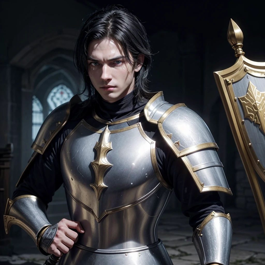 I want to create a paladin for my medieval RPG game, He has 1,84 m high, white skin but not too much, light blue eyes and pitch-black hair, his face is one of constant sadness and emptiness but at the same time gentle and kind, wears golden armor, a long sword and a shield.
He's holding his sword And his armor is golden 