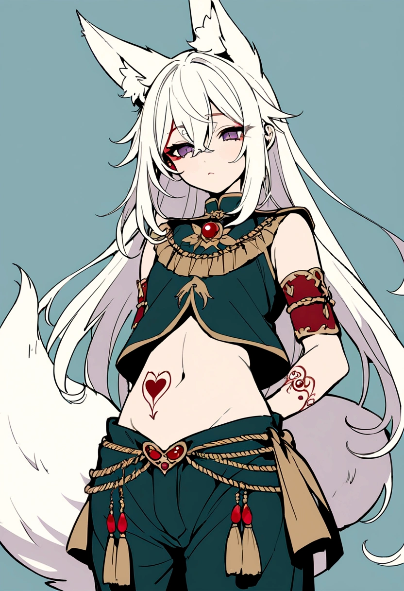 Masterpiece, High quality, High quality of art, best quality, anime lineart, Femboy, light carrot hair, fox ears, fox tail, Red eyeshadow, purple eye color, Bare belly, Femboy, military armlets, general's pants, A heavy golden bow with rubies, A longbow behind his back, half sleep eyes, Platinum bell and bow near the ear, a small shorts, Red and white rope belt, no human ears, Black heart tattoo on tummy, light carrot hair