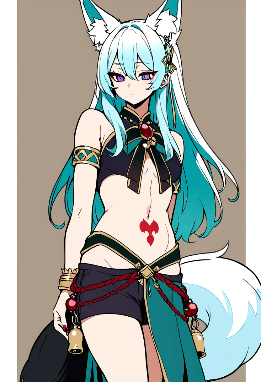 Masterpiece, High quality, High quality of art, best quality, anime lineart, Femboy, light carrot hair, fox ears, fox tail, Red eyeshadow, purple eye color, Bare belly, Femboy, military armlets, general's pants, A heavy golden bow with rubies, black-green blue clothes, hair with a small count of dark carrot hair, A longbow behind his back, half sleep eyes, Platinum bell and bow near the ear, a small shorts, Red and white rope belt, no human ears, Black heart tattoo on tummy