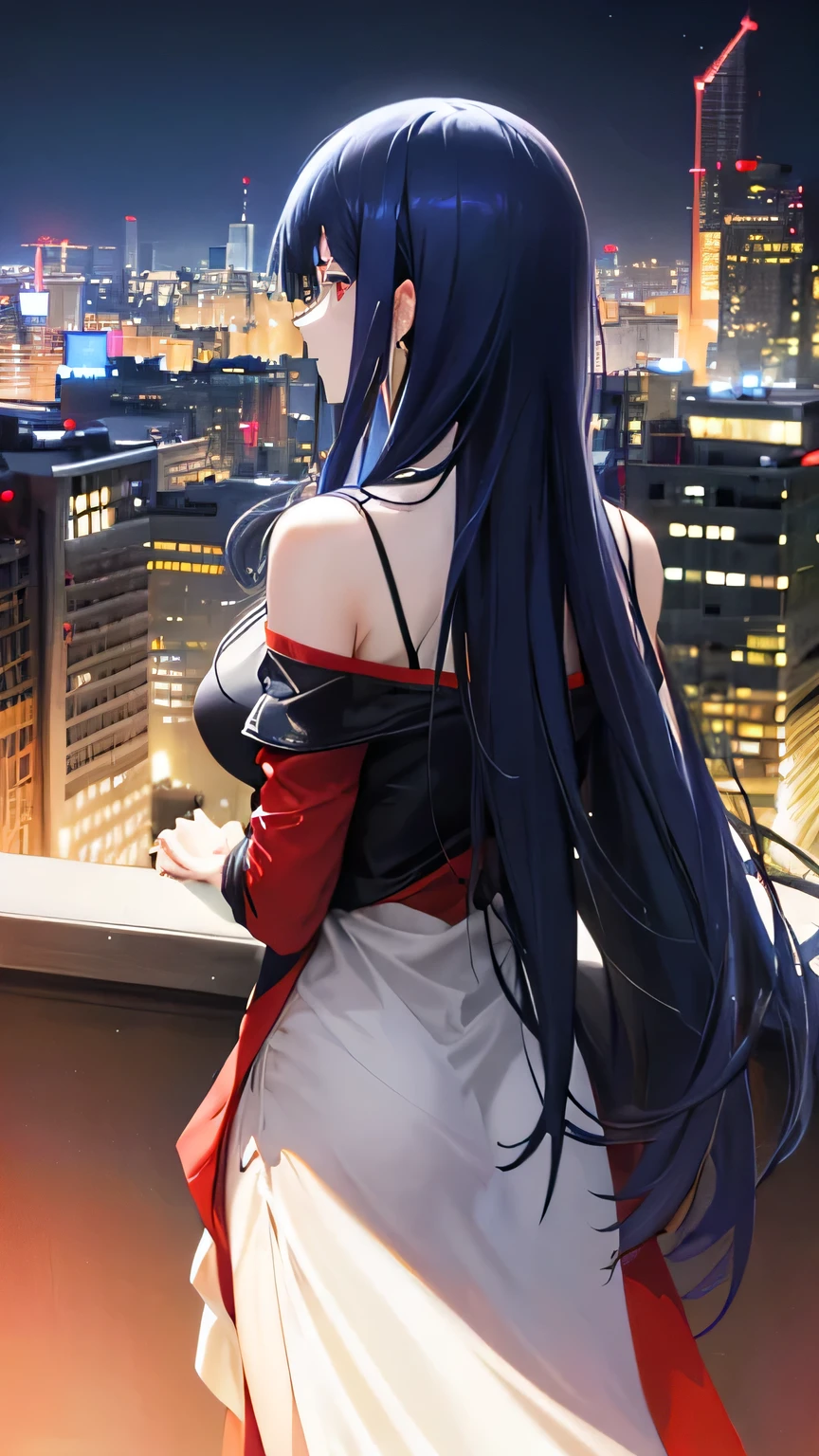 dark blue hair, long hair, swept bangs, jewelry, hairpods, cinematic lighting, UHD, masterpiece, accurate, high quality, highres, best quality, high details, super detail, off-Shoulder, red bodysuit, science fiction, cyberpunk, ruined city, buildings, midnight, arms crossed, from back, The rooftop of a building,