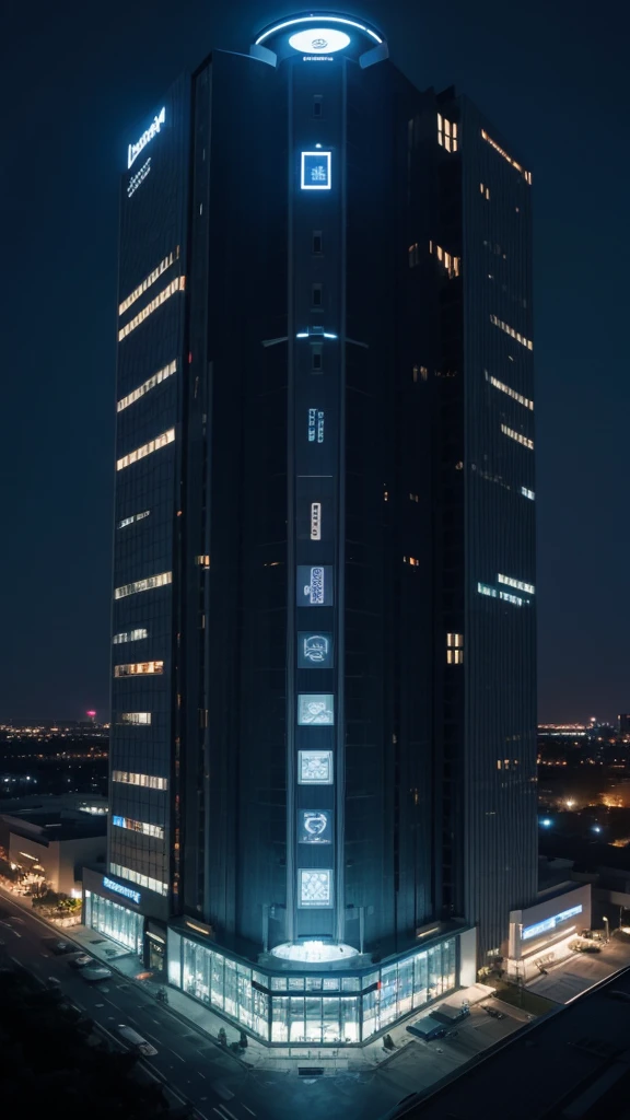 An aerial view of a modern, futuristic building, illuminated by LED lights, with a graphic introduction that says "Artificial Intelligence in Architecture.
