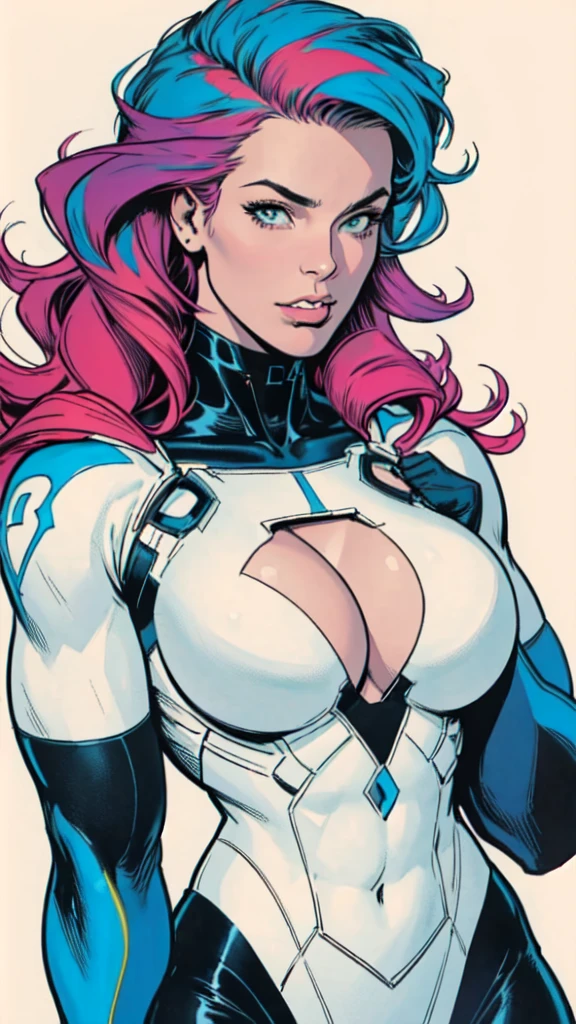 masterpiece,extremely beautiful woman,Excellent sense,cleavage,(((perfect very white background))),American Comics,(((The Perfect One Woman))),(speech bubble),strongest,(((one person))),colorful,Rainbow-colored,Highly detailed upper body,breast enhancement,Lines,highly detailed face,