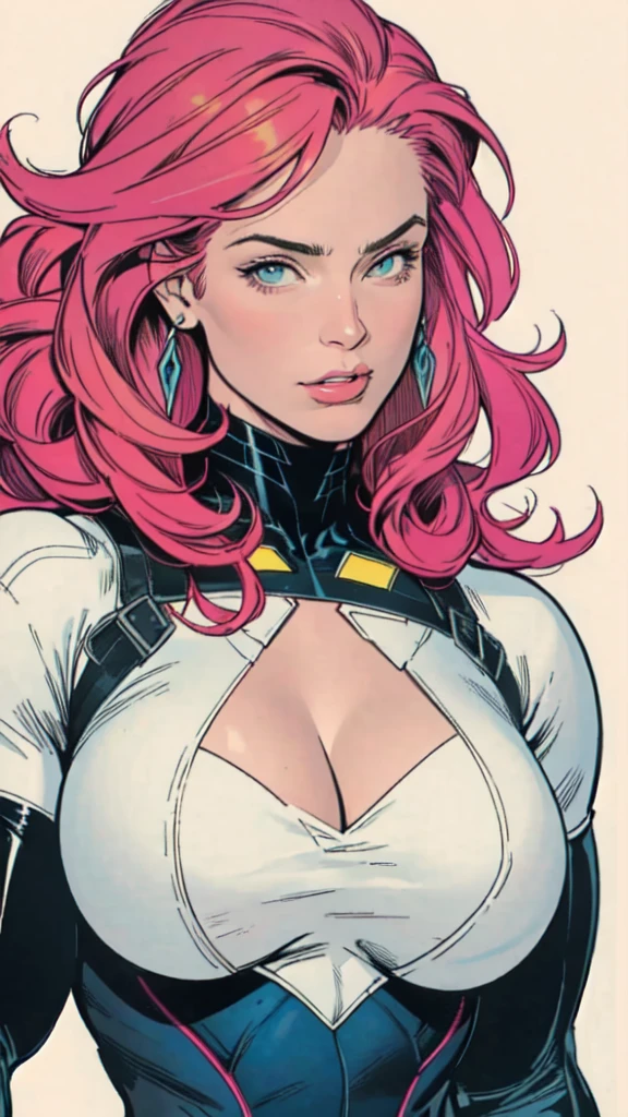 masterpiece,extremely beautiful woman,Excellent sense,cleavage,(((perfect very white background))),American Comics,(((The Perfect One Woman))),(speech bubble),strongest,(((one person))),colorful,Rainbow-colored,Highly detailed upper body,breast enhancement,Lines,highly detailed face,