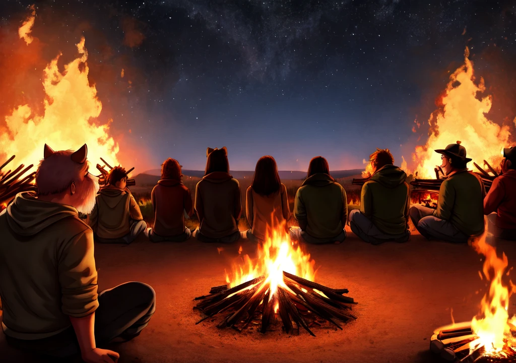 I need the backs of a sitting on the floor, watching a big bonfire in the middle of the night