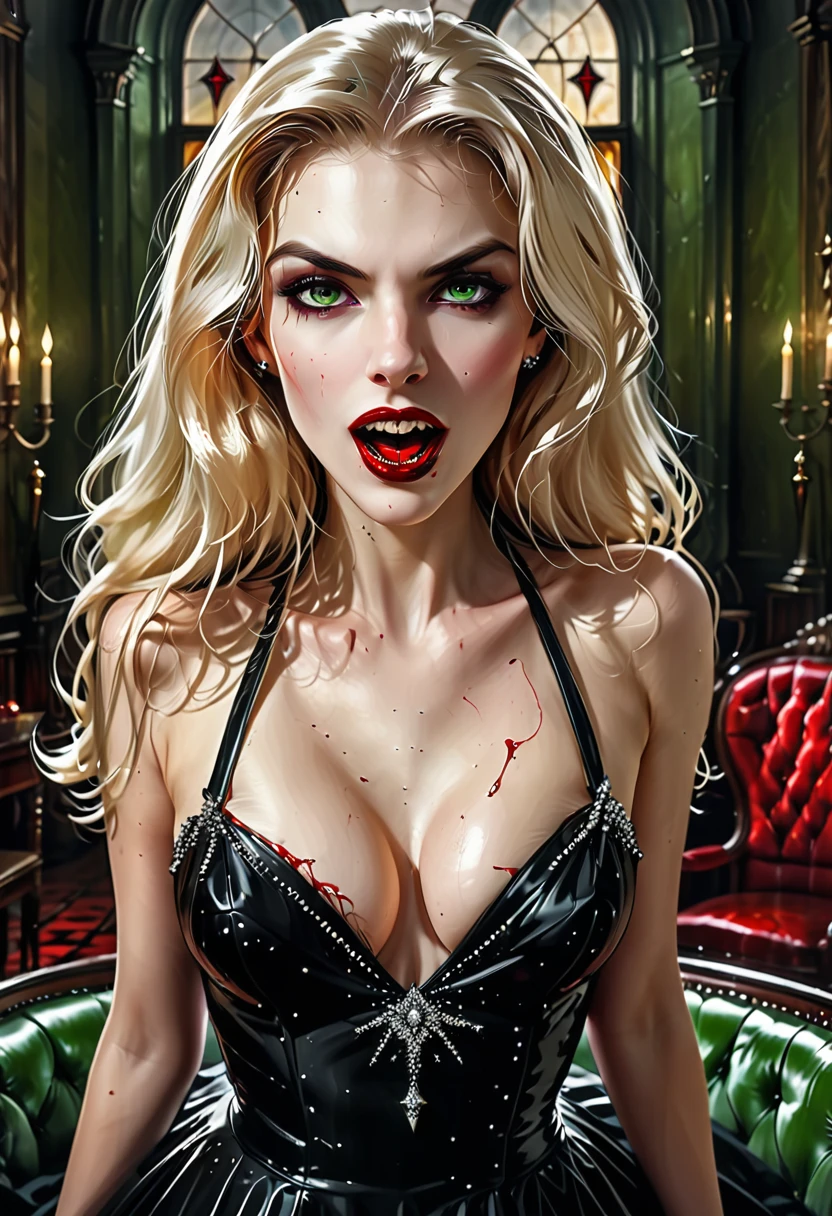 ((a photorealistic glamour shot of an exquisite, glamour female vampire: 1.5)), ((full body: 1.3)), ultra feminine,  pale face, blond hair, long vibrant shiny hair, glamorous hair, emerald green eyes, deep  eyes, red lips,  lips, ((two visible vampiric fangs: 1.5), drops of blood dripping from the mouth, ((1950's style: 1.5)), she wears white elegant glamour dress, intricate details, the dress is studded with diamonds, tight suit,  dynamic color, high heels, dynamic background,  (highest quality:1.2, Very detailed, up to date, Vibrant, Ultra-high resolution, High Contrast, masterpiece:1.2, highest quality, Best aesthetics), best details, best quality, highres, ultra wide angle, 16k, [ultra detailed], masterpiece, best quality, (extremely detailed), Genetically modified..., Cinematic Hollywood Film, dark novel