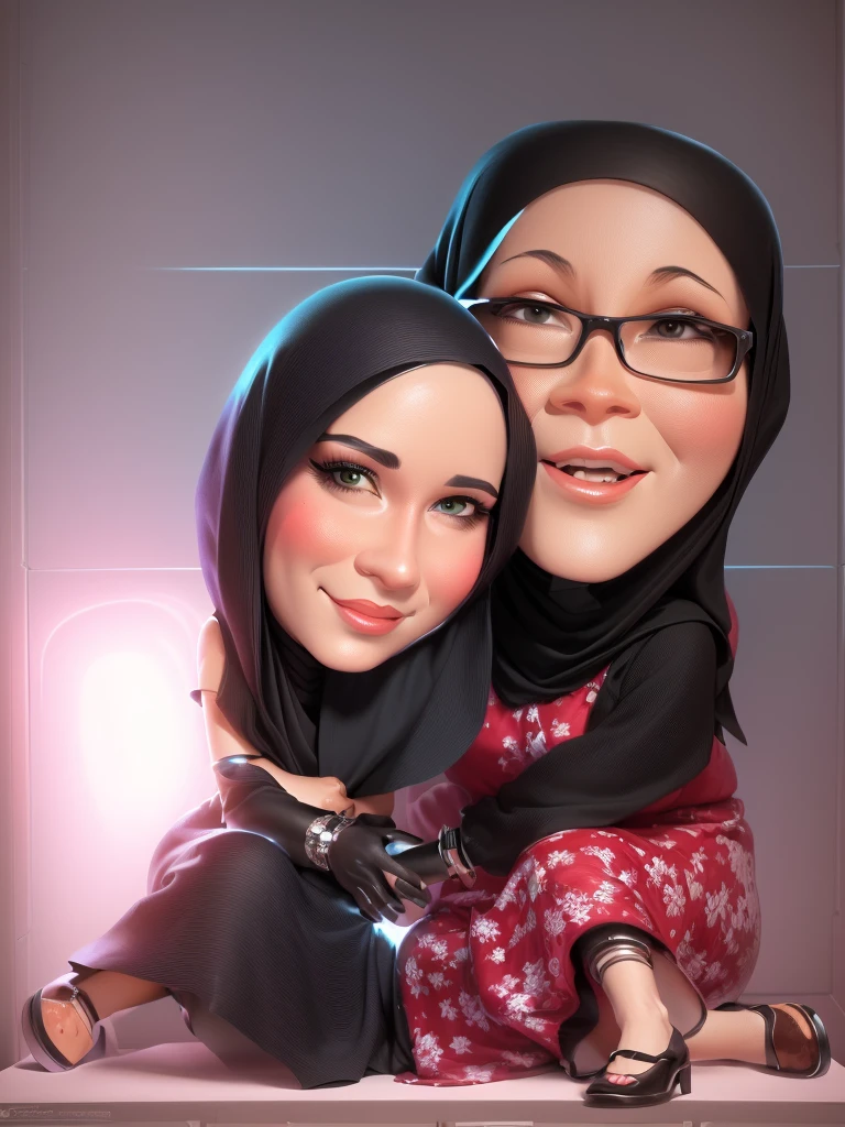 there is a cartoon picture of a woman and a in a box, Wearing a hijab and long Muslim dress, caricature illustration, digital art cartoon, cartoon portrait, cartoon digital art, in cartoon style, cartoon artstyle, potrait, cartoon art, cartoon digital painting, inspired by JoWOnder, by Abidin Dino, caricature style, caricature, 3 d cartoon, caricature!!!, charicature