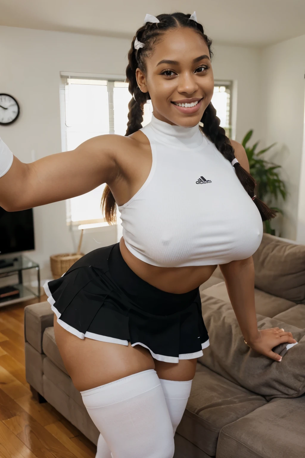 Light skin black girl with braids, fit but extreme curves, black, cheer leader skirt and white thigh high socks selfie in living room, curvy huge , smiling.