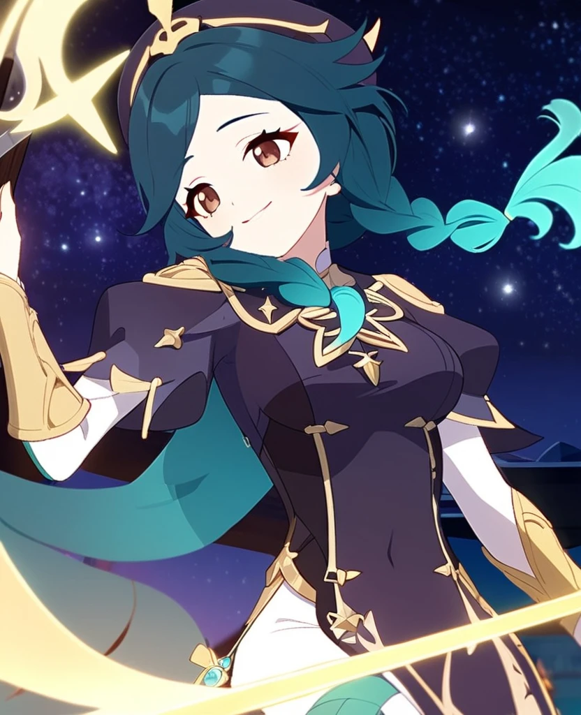 Make a Genshin Impact oc. Give her long length, wavy teal hair. Her vision/element is anemo, she uses a claymore scythe as her weapon. She has a star themed, teal, purple and black outfit. Brown eyes. She is very kind, and soft-hearted. She likes space and singing. She's shipped with Venti. Mature body. Slight head tilt, and smile. In Genshin style