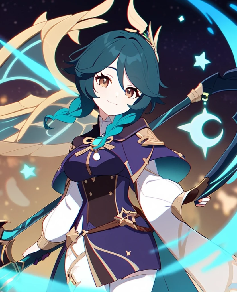 Make a Genshin Impact oc. Give her long length, wavy teal hair. Her vision/element is anemo, she uses a claymore scythe as her weapon. She has a star themed, teal, purple and black outfit. Brown eyes. She is very kind, and soft-hearted. She likes space and singing. She's shipped with Venti. Mature body. Slight head tilt, and smile. In Genshin style