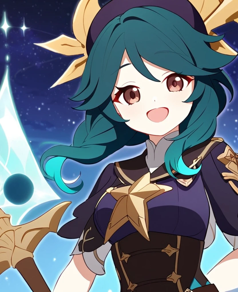 Make a Genshin Impact oc. Give her long length, wavy teal hair. Her vision/element is anemo, she uses a claymore scythe as her weapon. She has a star themed, teal, purple and black outfit. Brown eyes. She is very kind, and soft-hearted. She likes space and singing. She's shipped with Venti. Mature body. Slight head tilt, and smile. In Genshin style