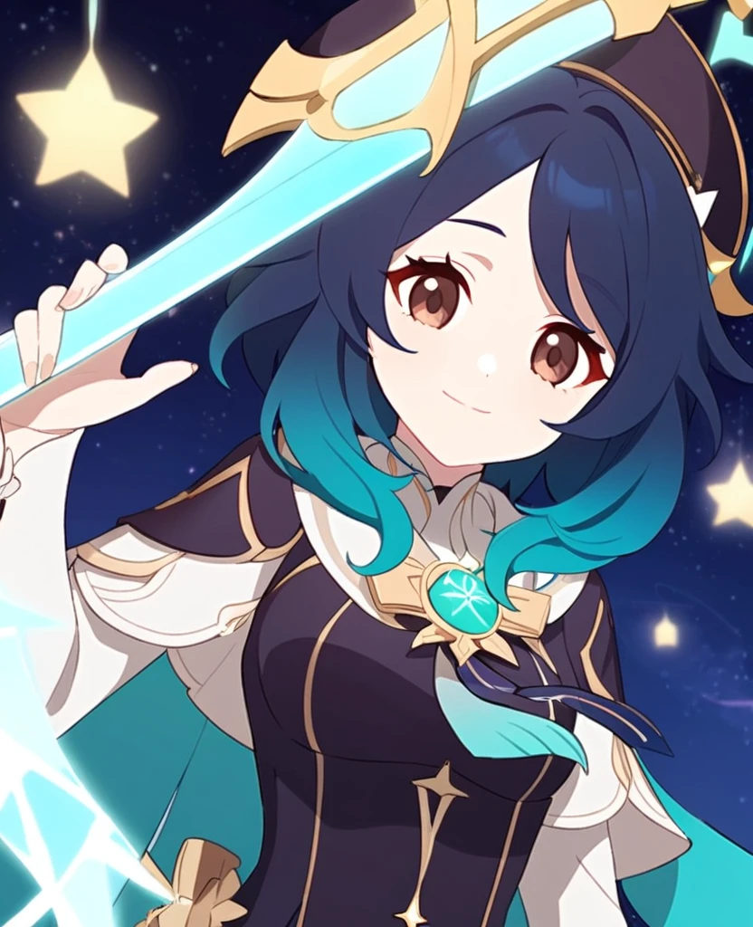 Make a Genshin Impact oc. Give her long length, wavy teal hair. Her vision/element is anemo, she uses a claymore scythe as her weapon. She has a star themed, teal, purple and black outfit. Brown eyes. She is very kind, and soft-hearted. She likes space and singing. She's shipped with Venti. Mature body. Slight head tilt, and smile. In Genshin style