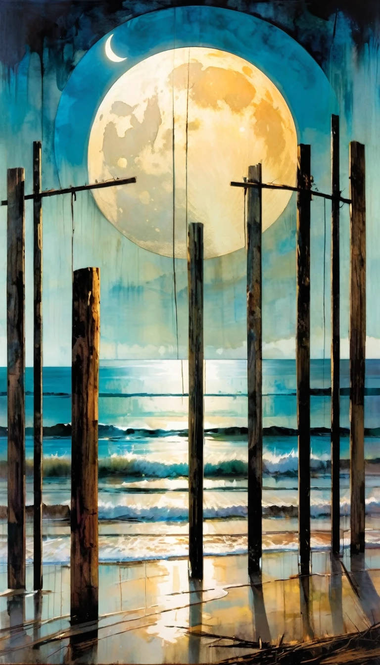 We see through eight wooden posts that cross the image laterally, a beautiful landscape with sea and moon (art inspired by Bill Sienkiewicz, intricate details, oil painting)