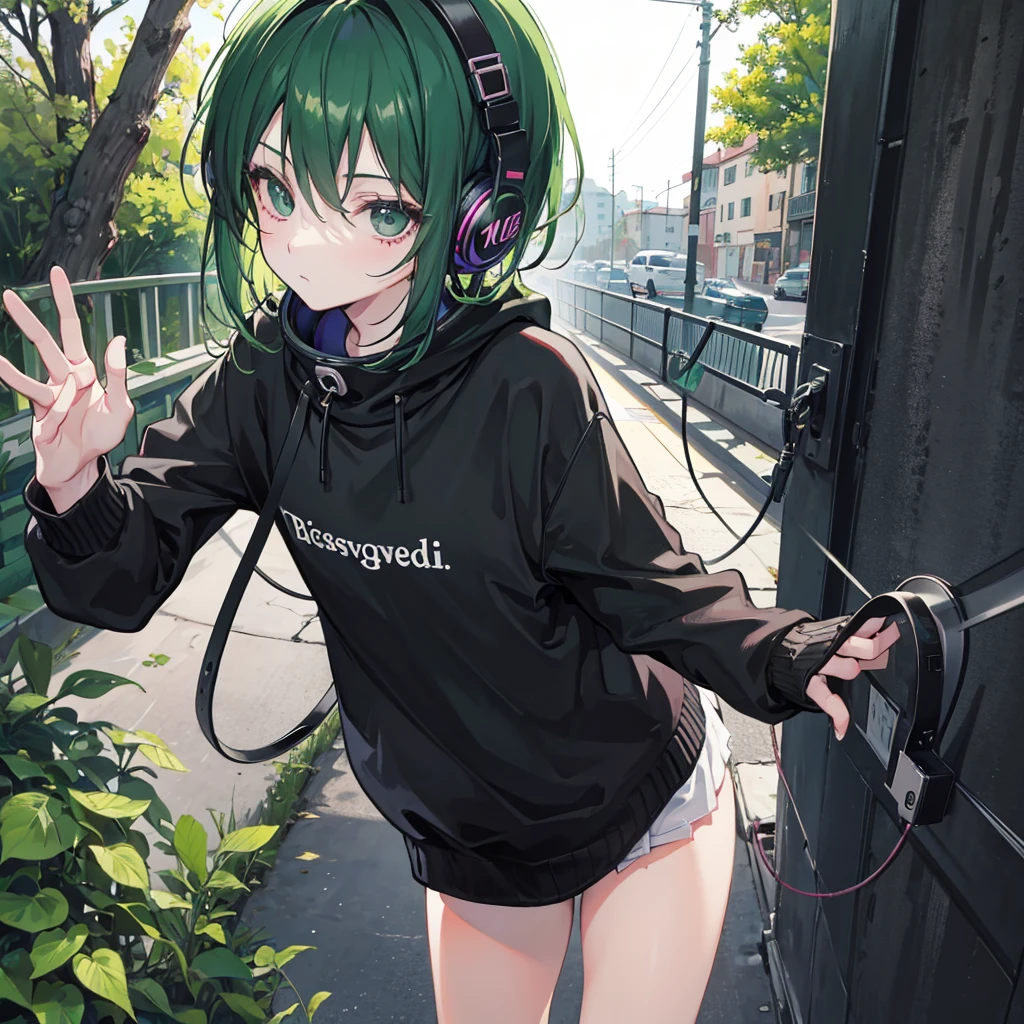 Chico adolescente aesthetic, with black sweater, a lock of green hair with headphones, in a dusk.