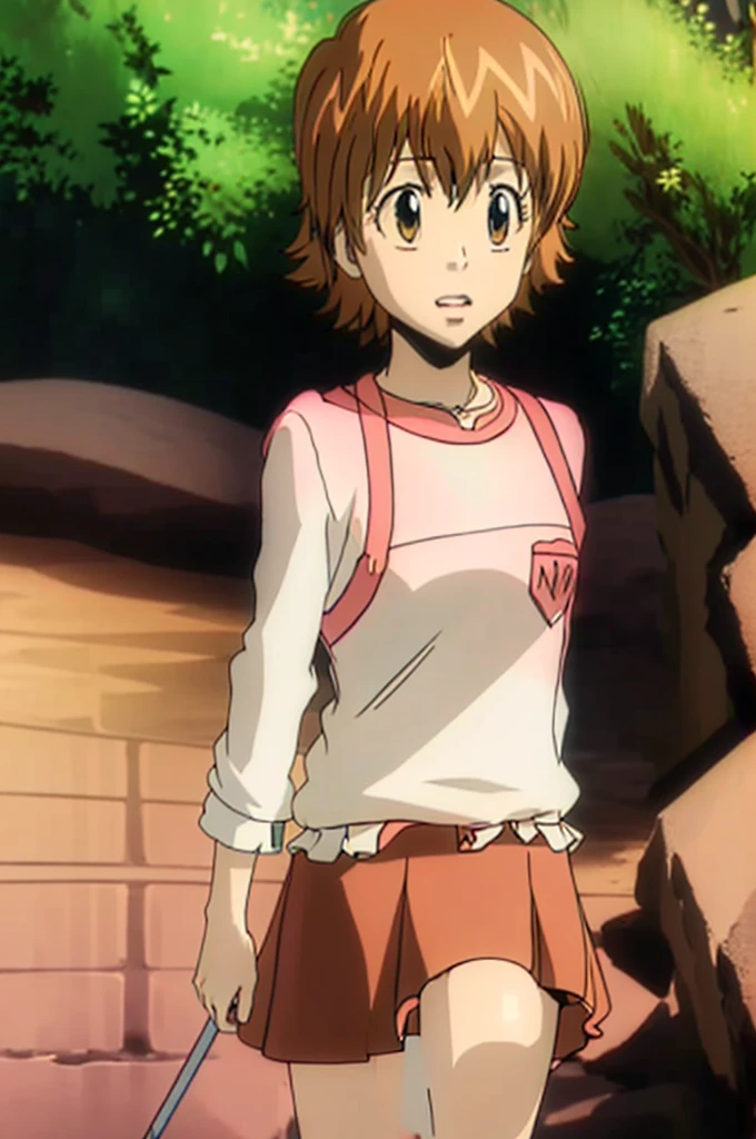 kyoko1, short hair, brown hair, (White shirt with pink skirt:1.2), brown eyes, Masterpece, Full body, (masterpiece, best quality:1.2), Pink Shose, Smling, Daytime, Looking at the Viewers, realistic,
