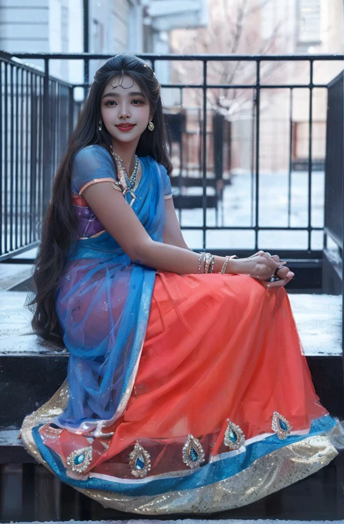 indian  girl clothes8,(gem:1.3), ((knee shot)), ((actual)), ((from above)), (close up), 1 Asian female model, A young girl, night, starry sky, (In the gazebo, sitting position, cross legs, leaning against pillars), pretty pose, Various postures attract attention, Detailed scene, bun hair, hairpin, beautiful hair accessories, Brownish-yellow hair, Light makeup, blush blush, lip gloss, beautiful legs, ((warm light, Warm color palette)), (Extremely high color saturation), detailed details, Super detailed, (masterpiece, best quality), (Extremely exquisite and beautiful work), exquisite earrings, exquisite necklace, simple background, extremely detailed description, Ultra-fine painting, delicate face, slim body, thin waist, Smile, (anatomically correct)