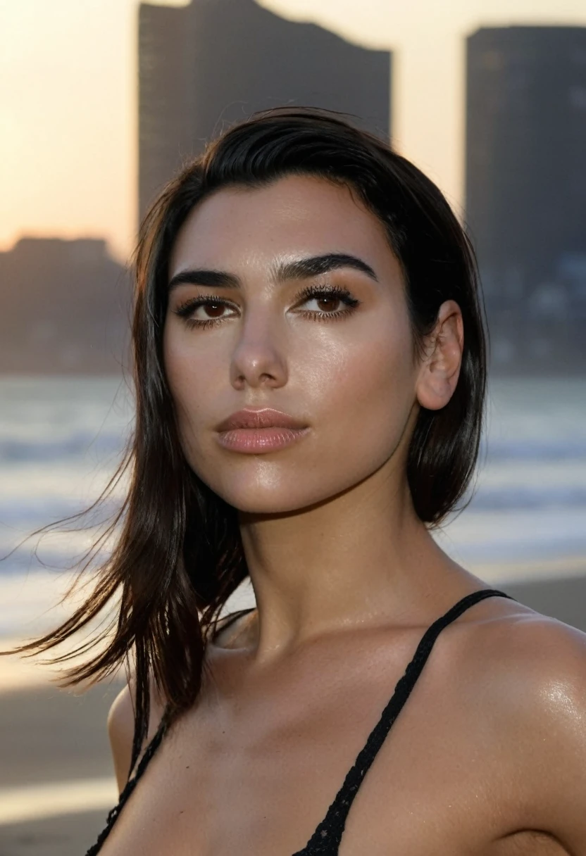  high quality  Erotic portrait  paparazzi photo ,  (gorgeous celebrity , woman, DuaLipa, dua lipa, duxlipa, female, singer, cute, vacation  side background , wet atmospheric , random click, random move photograph  , photorealistic , celebrity , woman ) sunbathing , topless , shiny breast ,shiny sweaty skin , sexualized move, erotic angles, sweaty  flat breas,t celebrity erotic photograph  , fit muscular figure , shiny sweaty skin, hollywood actress , fleshy muscular woman  , ( natural lights, depth of field, detailed face , insanely detailed skin texture, hyper detailed features )