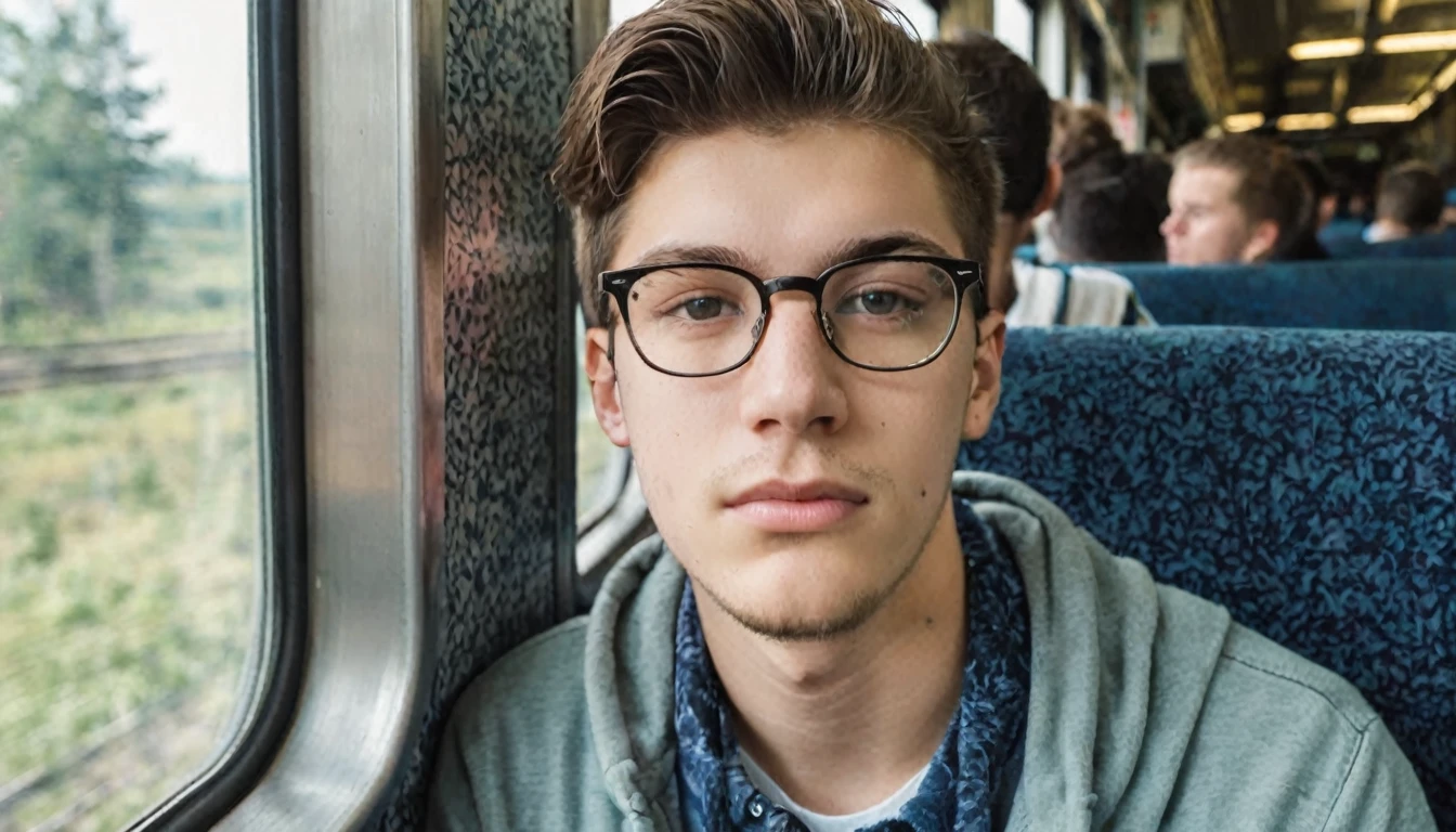 A twenty-year-old young man wearing glasses is sitting on a train, looking out the window 