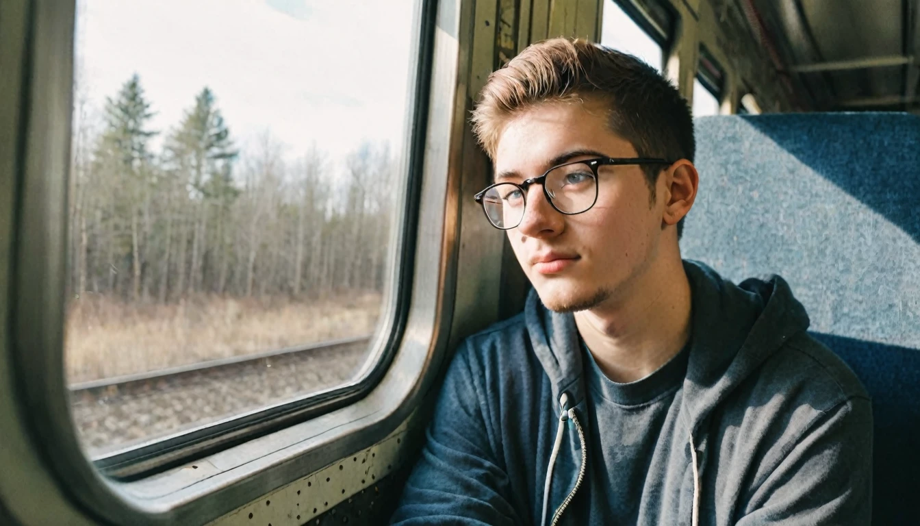 A twenty-year-old young man wearing glasses is sitting on a train, looking out the window 