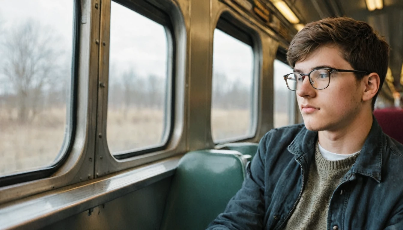 A twenty-year-old young man wearing glasses is sitting on a train, looking out the window