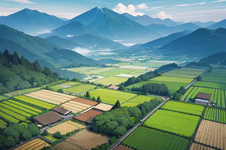 Japanese mountains, Japanese forests, Japanese rice fields (0.5), houses, roads, background only