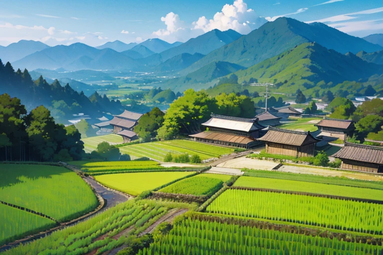 Japanese mountains, Japanese forests, Japanese rice fields (0.5), houses, roads, background only