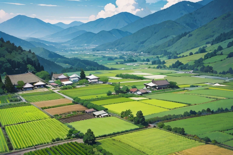 Japanese mountains, Japanese forests, Japanese rice fields (0.5), houses, roads, background only