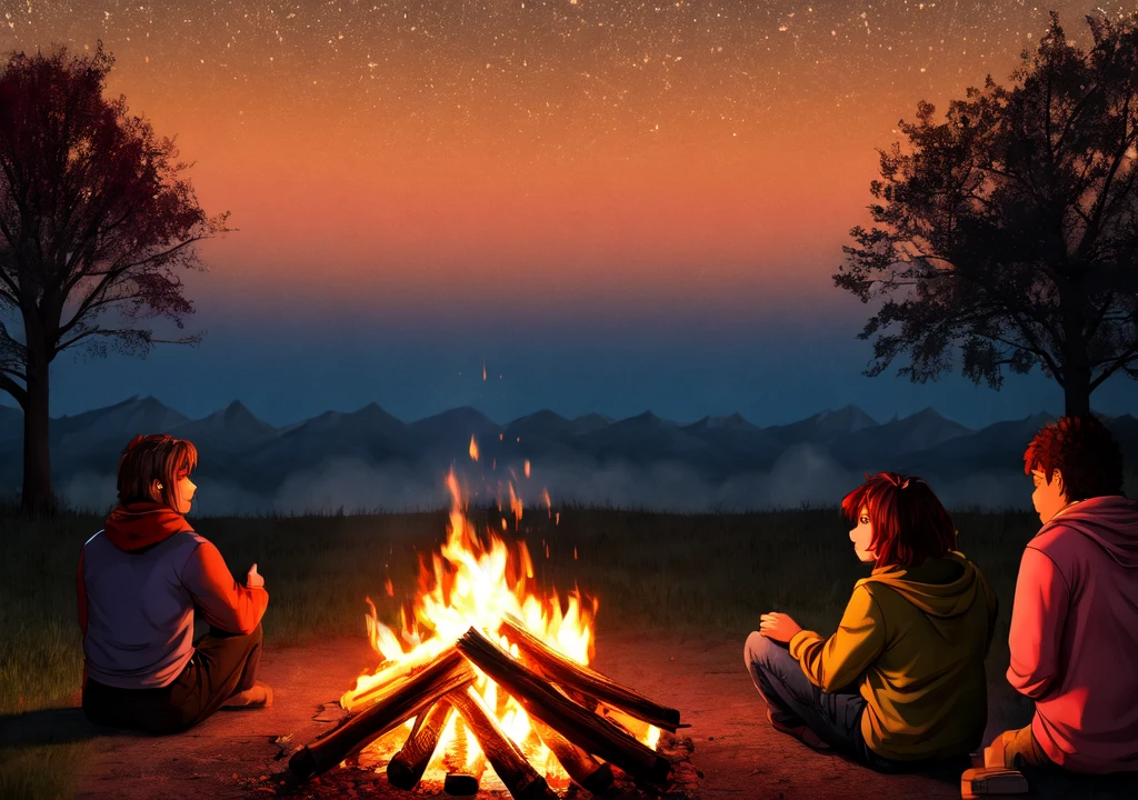 I need the backs of a sitting on the floor, watching a big bonfire in the middle of the night