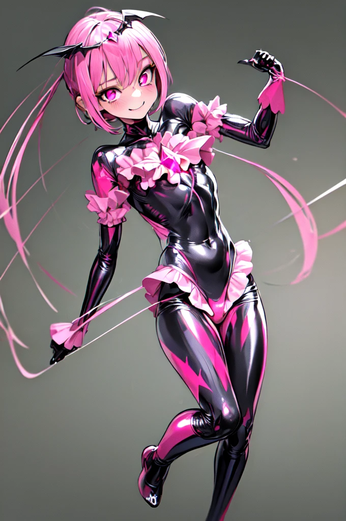 1 Girl, bad_end_Pretty Cure, bad_end_Happy,Pink Hair, Pink Eyes, Ruffled bodysuit, Are standing, Finding, jump, magic, Masterpiece Therapy_Happy, Red Gem、Wicked Smile, Dark world background, ,deep shaded face,sadistic smile,Malice,contempt,laugh at,latex,